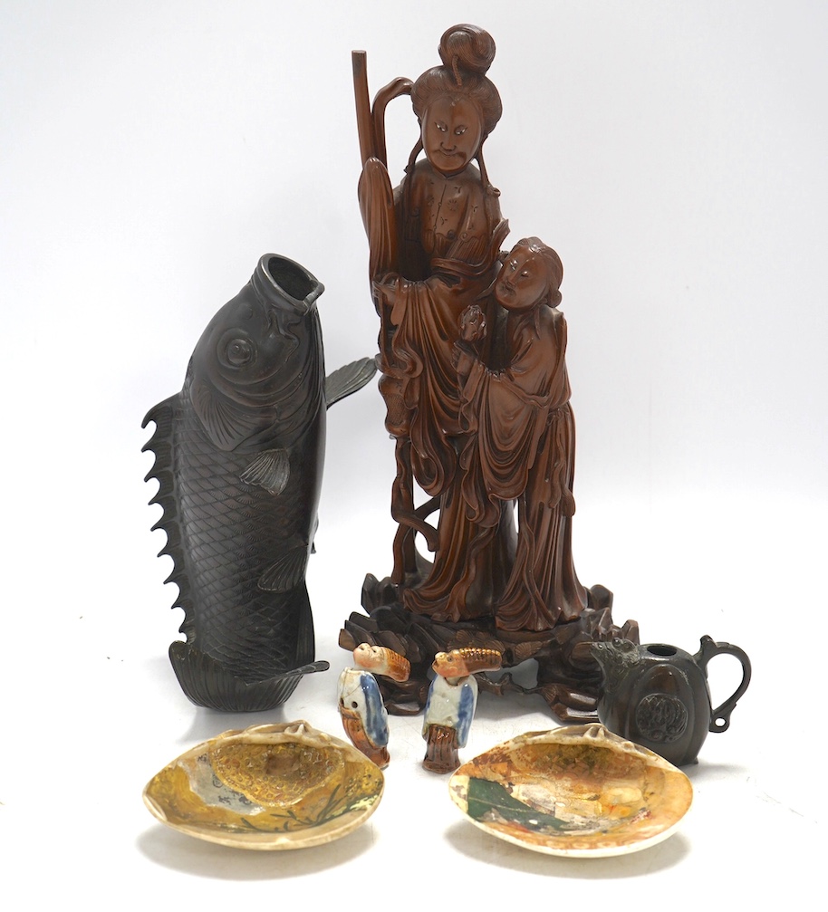 A Chinese boxwood group, 33.5cm, a Japanese bronze carp vase, two Japanese painted shells, etc. (7). Condition - fair